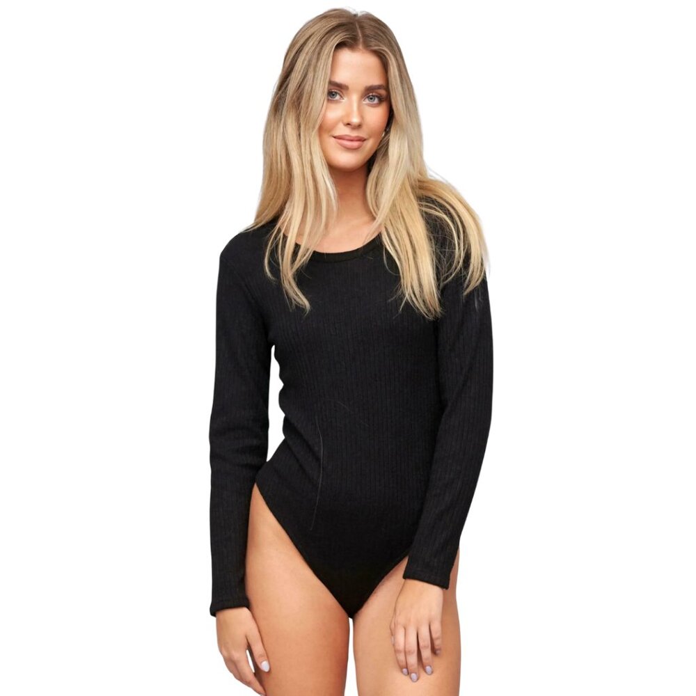 NWT Bobi Los Angeles Women’s Black Long Sleeve Ribbed Bodysuit Stretch – Size S